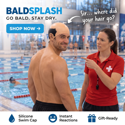 Lifeguard pointing at a man wearing the BALDSPLASH bald swim cap