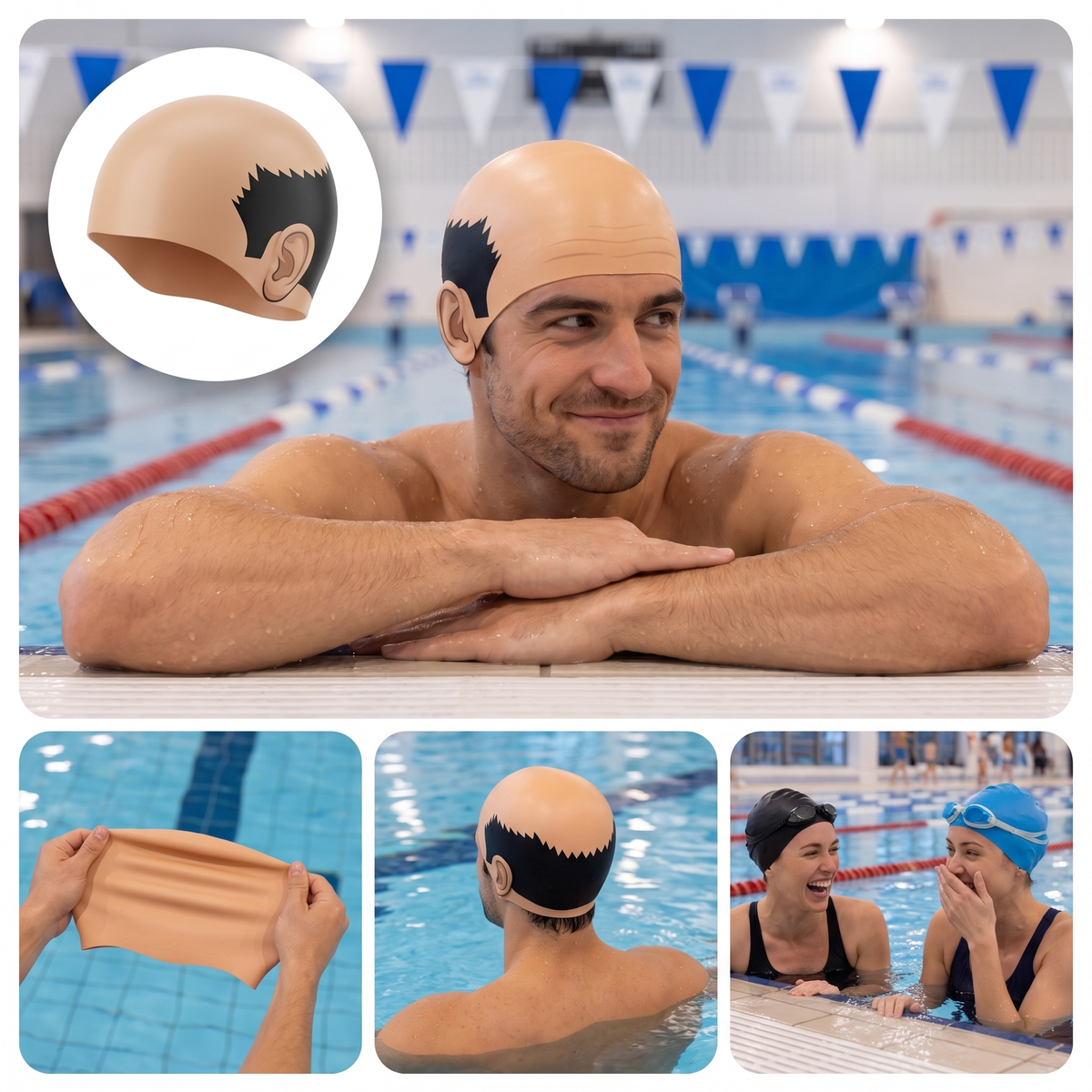 BALDSPLASH swim cap collage: poolside, stretching the cap, and reactions