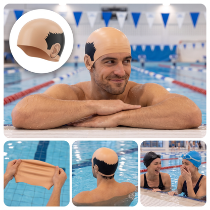 BALDSPLASH swim cap collage: poolside, stretching the cap, and reactions
