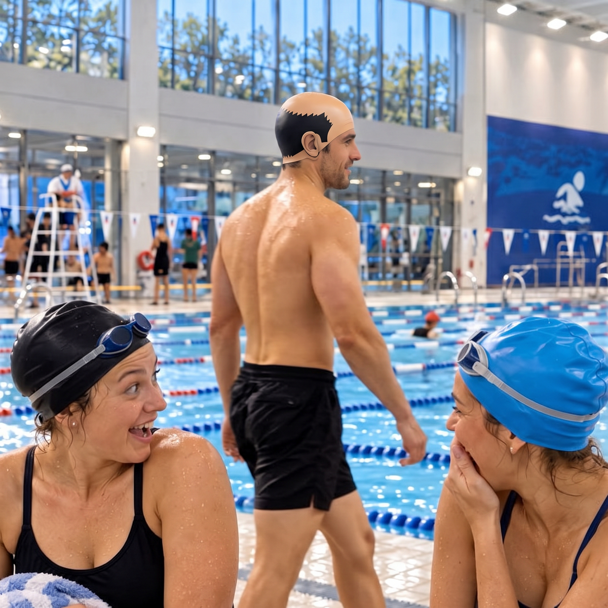 Two swimmers laughing as a man walks by in the BALDSPLASH cap