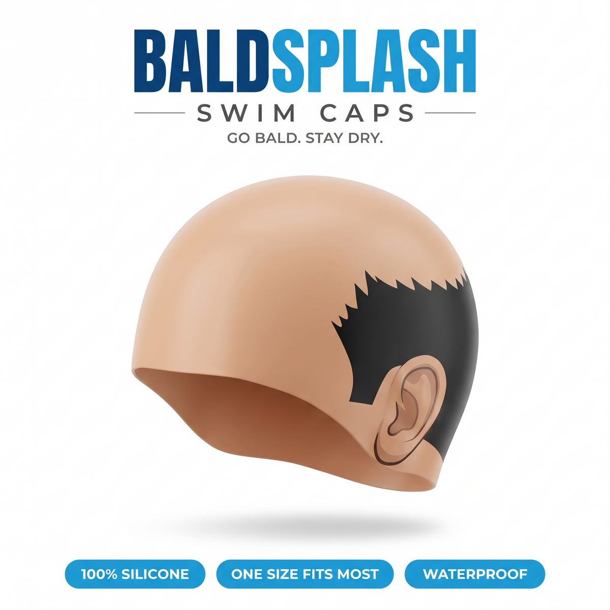 BALDSPLASH bald head silicone swim cap on white background